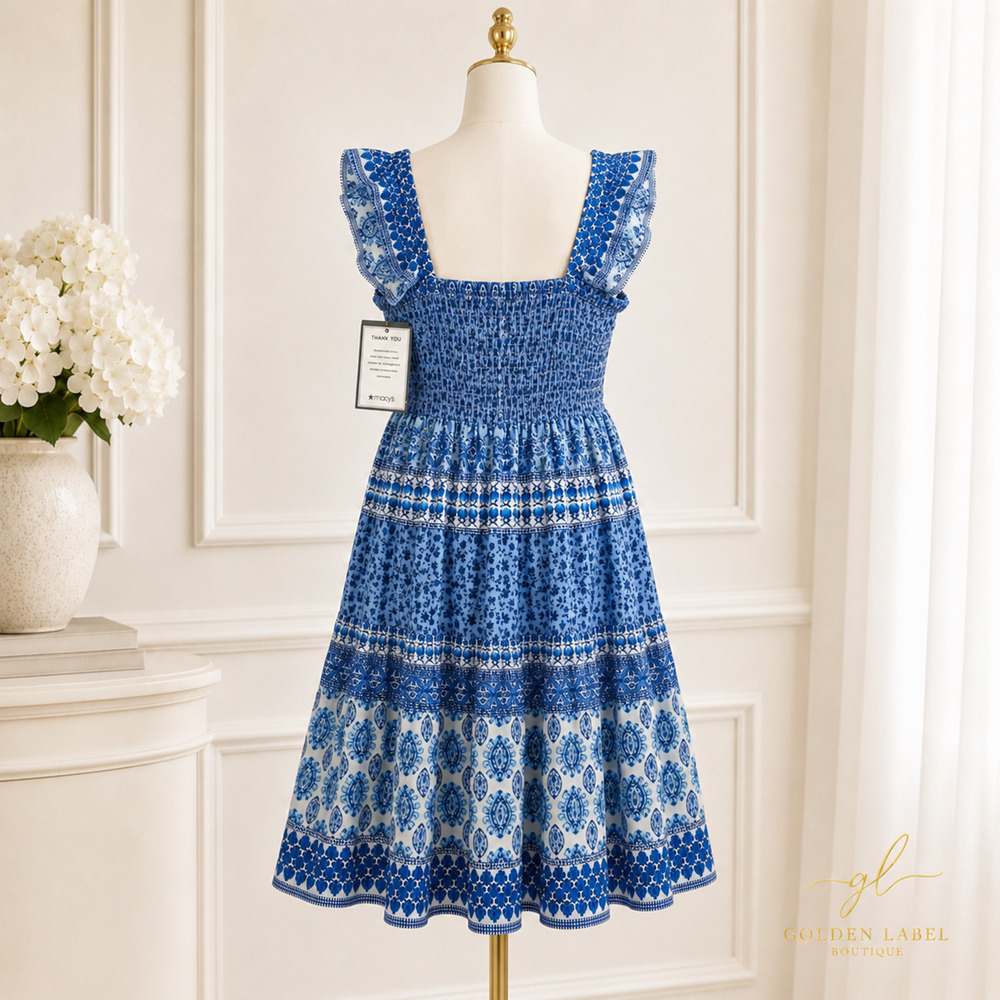 NWT Eliza J 20W Blue White Floral Smocked Midi Dress Sleeveless Pockets - Picture 4 of 8